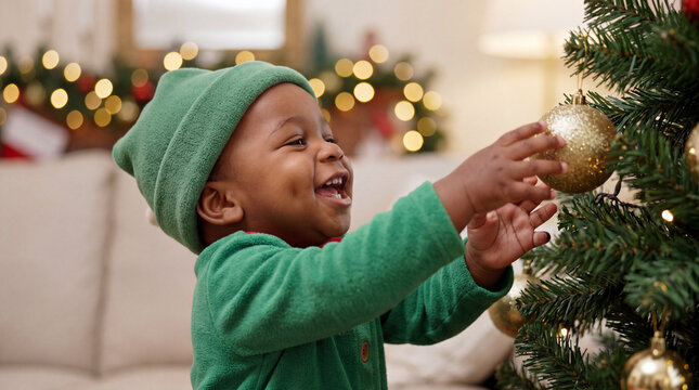 A cute toddler child in an elf costume reaches for a Christmas bauble during a festive holiday winter December Santa celebration, ideal for family marketing.