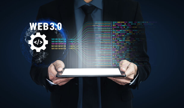 The concept of Web 3.0 development and decentralized data processing. The flow of binary code and information in the next generation internet. Motif