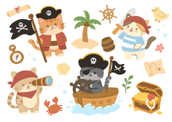 Cute cartoon cats dressed as pirates with treasure chests and islands © IqbalShofa Creative