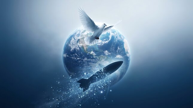 A white dove flying over the planet earth with a missile silhouette representing peace versus war.