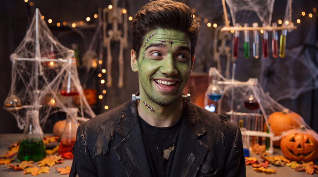 A person in a monster costume grins at a festive Halloween holiday party, adding fun spooky autumn October celebration energy for seasonal marketing.