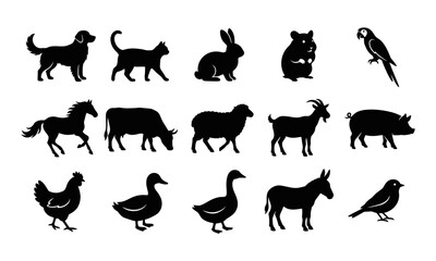 Fototapeta premium Collection of black silhouettes representing various domestic farm animals and common household pets on white background isolated