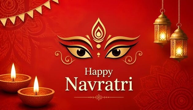 Goddess Durga Eyes with Diya Lamp and Hanging Lantern Happy Navratri Red Festival Banner. 