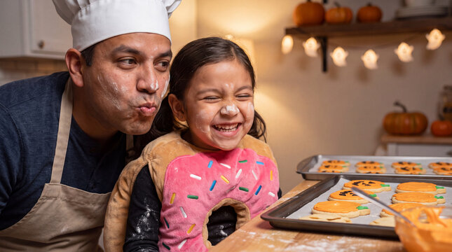 Latino father and daughter in chef and donut costumes laughing while baking Halloween cookies, perfect for family holiday cooking campaign visuals and ads.