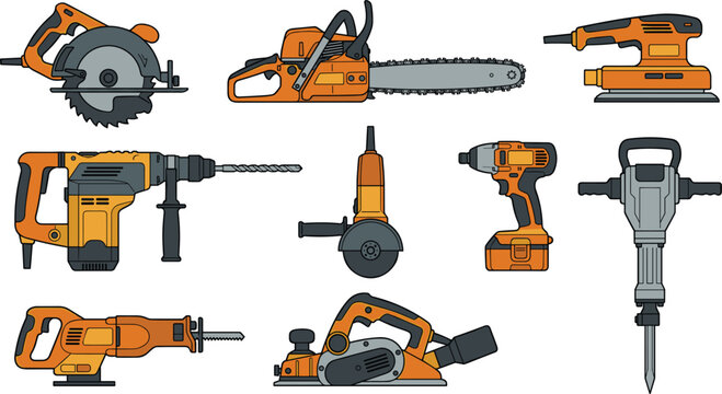 Power tools vector illustration collection featuring orange carpentry machinery including a chainsaw, circular saw, electric drill, rotary hammer, sander, grinder, and jackhammer.