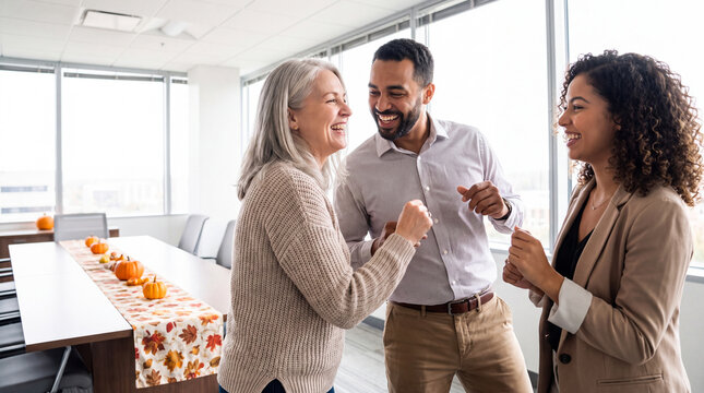 Multigenerational office team dancing in a meeting room with a Thanksgiving runner, great for Thanksgiving corporate event invitations and social content.