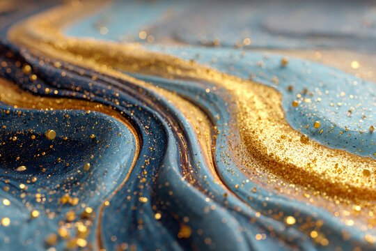 Abstract fluid art background with flowing blue and gold metallic liquid waves and glitter particles