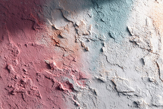 Abstract plaster wall texture with rough uneven surface and soft pink and blue gradient color tones