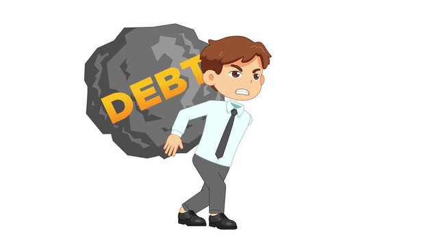 Employee carrying heavy stone boulder with debt text concept animation on green screen background 