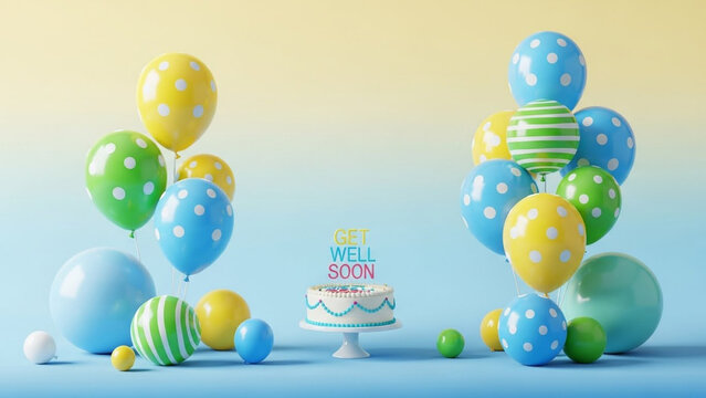 Birthday cake with colorful polka dot balloons isolated on a transparent background with copy space