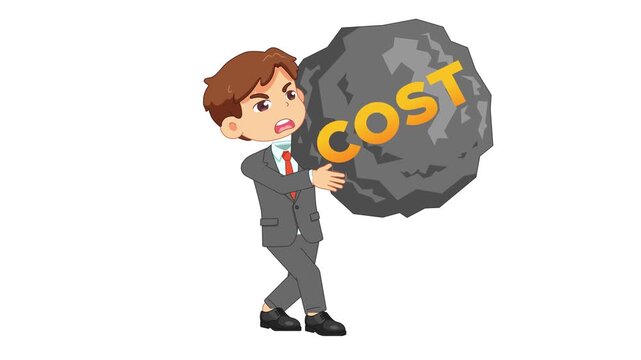 Businessman carrying heavy stone boulder with cost text concept animation on green screen background 