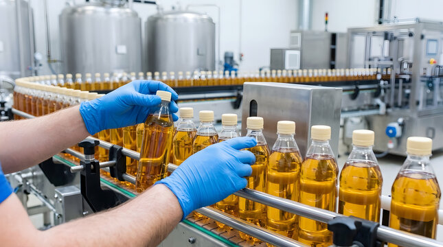 Worker inspecting plastic bottles of yellow liquid on production line