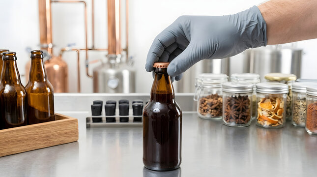 Worker placing brown glass beer bottle on brewery laboratory table