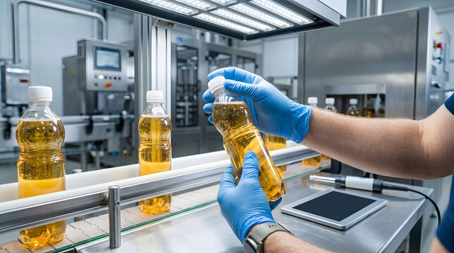 Worker handling plastic bottles of yellow liquid on production line
