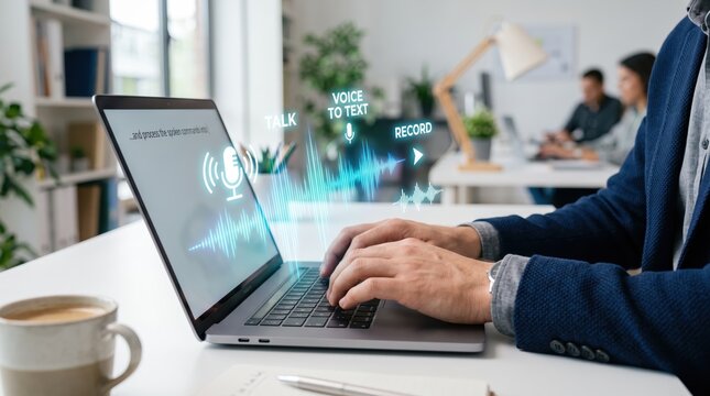 Man using voice to text transcription software on laptop in bright home office, digital audio recording and speech recognition technology concept for modern remote work productivity