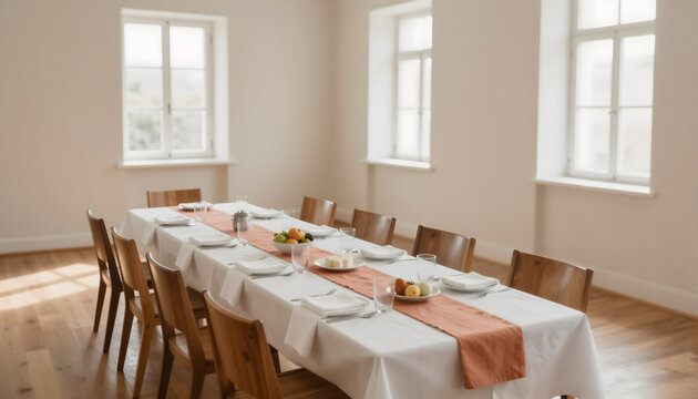 A long banquet table with white linens and orange runners in a hall.
