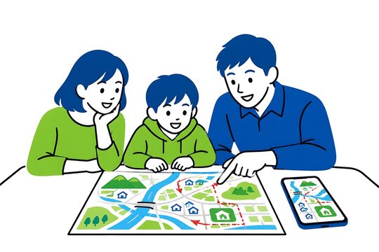 家族でハザードマップを確認し災害時の避難経路を話し合う防災イラストレーション｜家族、父親、母親、子ども、地図、スマートフォン、避難ルート

