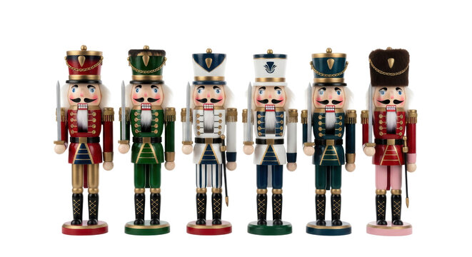 Six glossy, hand-painted traditional nutcracker figures in rich uniforms, captured in sharp focus medium shot high-key studio lighting on a transparent background, Concept for premium holiday