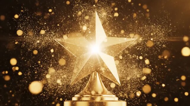 Golden award trophy sparkles and shines with a burst of light particles on a dark background star achievement