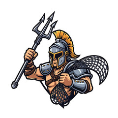 Fototapeta premium Fierce gladiator warrior holding a trident and a net in cartoon mascot style