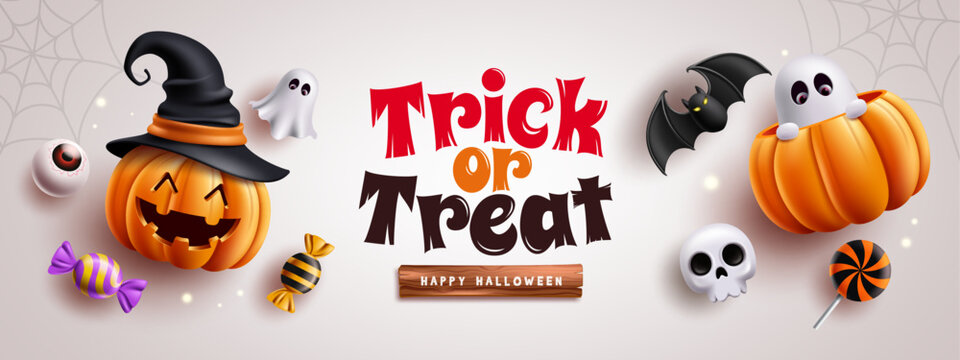Trick or Treat Happy Halloween Greeting Clipart Banner. Halloween trick or treat banner featuring smiling jack o lantern, pumpkin with witch hat, cute ghosts, bat, skull, eyeball, colorful candy 