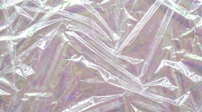 Abstract holographic crumpled plastic texture with iridescent reflections and shimmering metallic light
