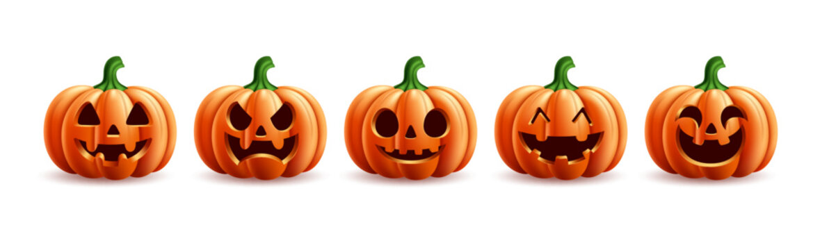 Halloween Jack O Lantern Pumpkin Faces Clipart Collection. Halloween pumpkin 3d set featuring five orange jack o lanterns with different spooky, scary and happy facial expressions festive pumpkin 