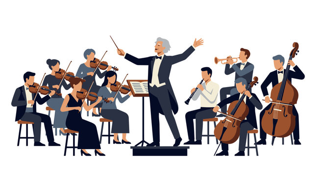 Symphony Orchestra Conductor and Musicians on Transparent Background