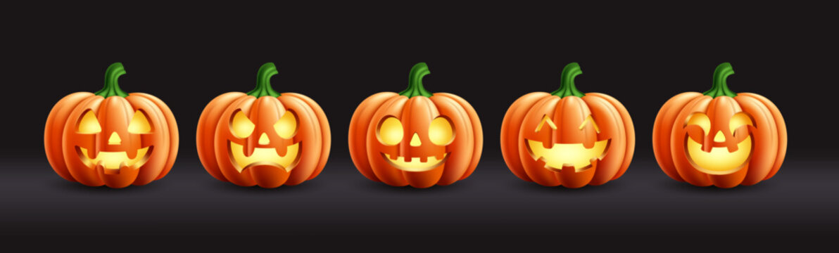 Glowing Halloween Jack O Lantern Pumpkin Faces Clipart Set. Halloween 3d pumpkin collection clip art featuring five glowing orange jack o lanterns with bright illuminated carved facial expressions 