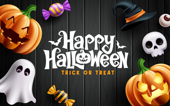 Happy Halloween Trick or Treat Clipart Background. Happy Halloween greeting text with jack o lantern pumpkins, cute spooky ghost, skull, witch hat, eyeball, colorful candy and bats on dark wooden 