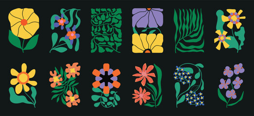 Retro floral elements vector set with colorful stylized flowers, leaves and botanical shapes on dark background for posters, branding, packaging, invitations and decorative design
