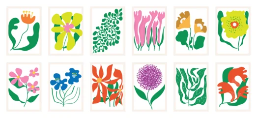 Fotobehang Sportwinkel Retro floral art prints vector set with colorful stylized flowers, botanical leaves and abstract plant illustrations for posters, wall decor, cards, invitations and packaging  © TWINS DESIGN STUDIO
