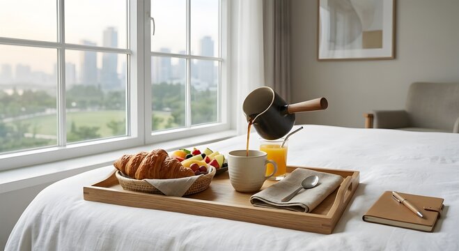 Hotel room breakfast tray beside a bright city window