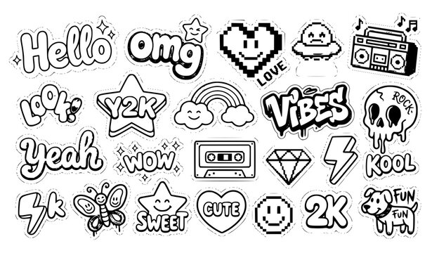 Y2K Retro Sticker Set with Hello, Vibes, Rainbow, Skull, Cassette Tape, Diamond and Cute Smiley Doodle Icons