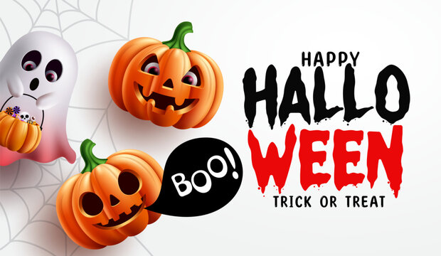Happy Halloween and Trick or Treat Clipart Banner. Happy Halloween playful typography with cute ghost carrying pumpkin candy bucket, smiling jack o lantern pumpkins, spider web and Boo speech bubble 