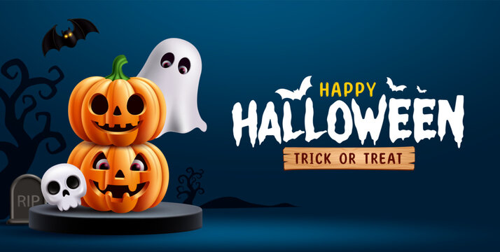 Halloween Banner with Jack O Lantern Pumpkins Clipart. Happy Halloween and Trick or Treat typography clip art in podium display with jack o lantern pumpkins, cute ghost, skull, tombstone, flying bats 