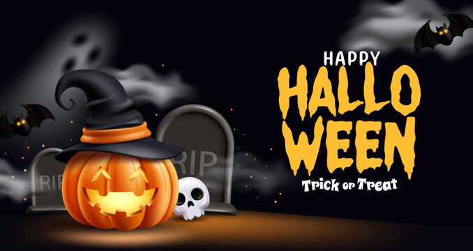 Happy Halloween Jack O Lantern Clipart Banner. Happy Halloween  and Trick or Treat typography clip art with glowing jack o lantern pumpkin wearing witch hat, RIP tombstones, skull, flying bats, ghost 
