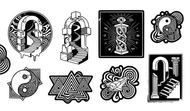 Surreal Mystical Icon Set with Spiral Staircase, Yin Yang, Sacred Geometry, Optical Illusion and Escher Style Vector Designs