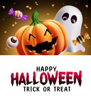 Halloween Pumpkin and Ghost Characters Clipart Template. Happy Halloween and Trick or Treat greeting typography clip art with smiling jack o lantern pumpkin, friendly ghost with copy space, ideal 