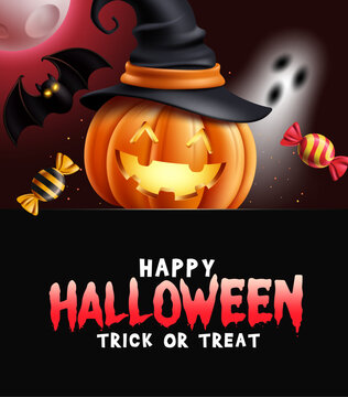 Happy Halloween and Trick or Treat Clipart Template Design. Festive Halloween glowing jack o lantern pumpkin wearing witch hat, spooky ghost and colorful wrapped candies on dark background clip art 