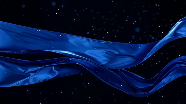 Abstract deep royal blue satin velvet ribbons flowing on dark background