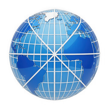 A blue globe with white grid lines