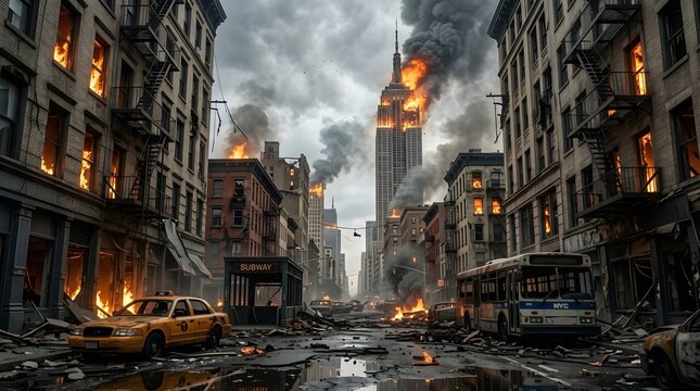 Post-Apocalyptic City on Fire with Burning Buildings, Smoke and Destruction