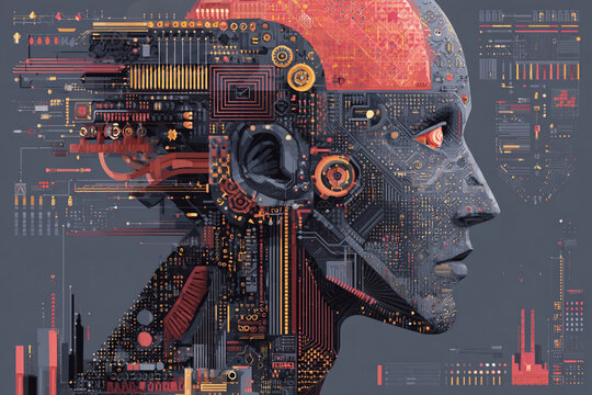 Profile view of a futuristic humanoid robot head constructed from digital circuit board components