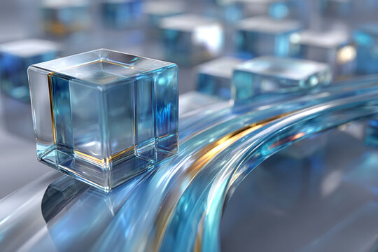 Abstract 3D light blue glass cubes and flowing transparent ribbons isolated on a white background