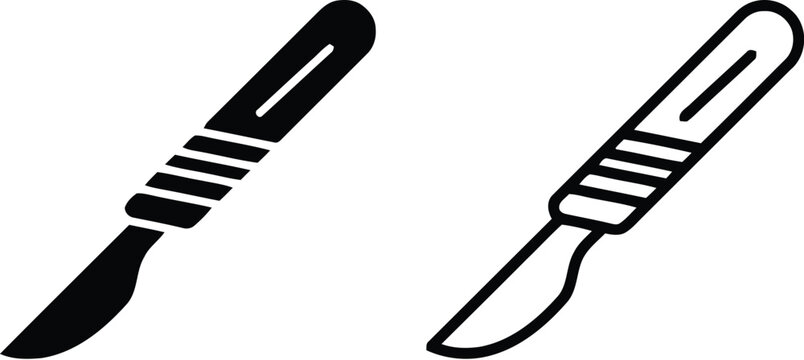Scalpel icon set. Scalpel tool icon set. Surgical knife icons in outline and solid style. Vector illustration. scalpel black vector icon set. Scalpel icons, black and white. Simple glyph icons. 