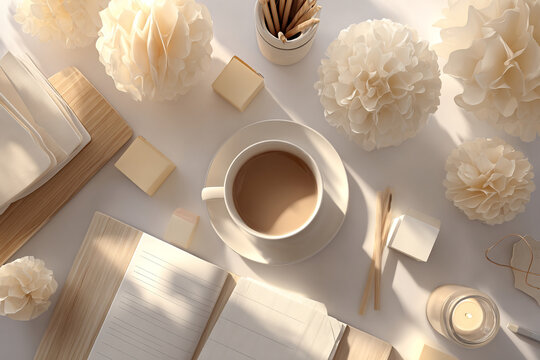Top view of a clean desk workspace with a coffee cup notebook and paper flowers on a white background