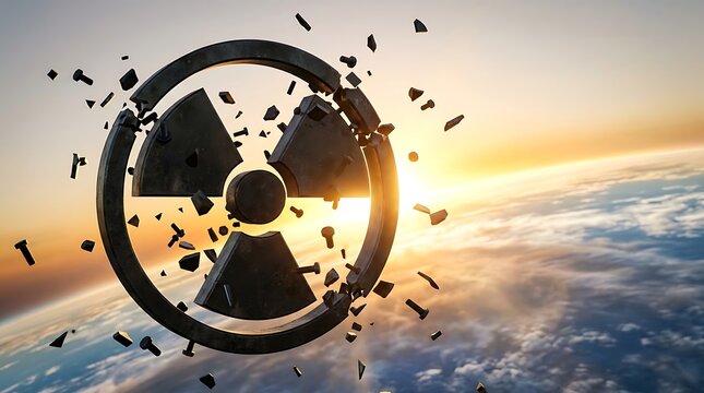 A shattered radioactive warning symbol floating above the Earth atmosphere at sunset.