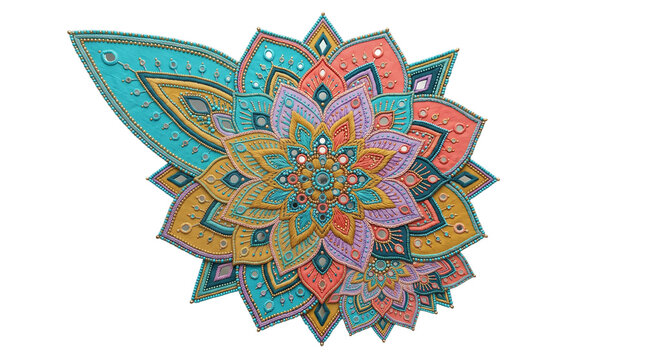 Intricate colorful mandala art with floral patterns isolated on transparent background