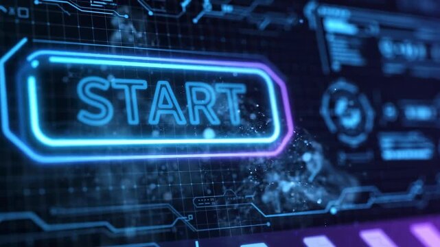 Pressing Glowing Start Button - Futuristic Digital Interface Animation